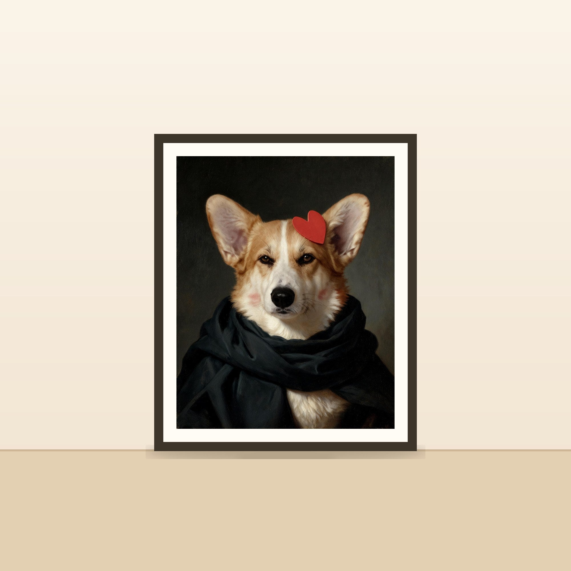 Le Portrait d'Atelier — portrait d'animal sur-mesure encadre, pose contre un mur