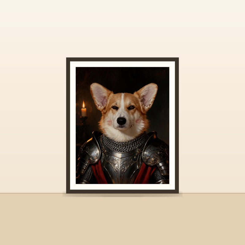 Le Chevalier — portrait d'animal sur-mesure encadre, pose contre un mur